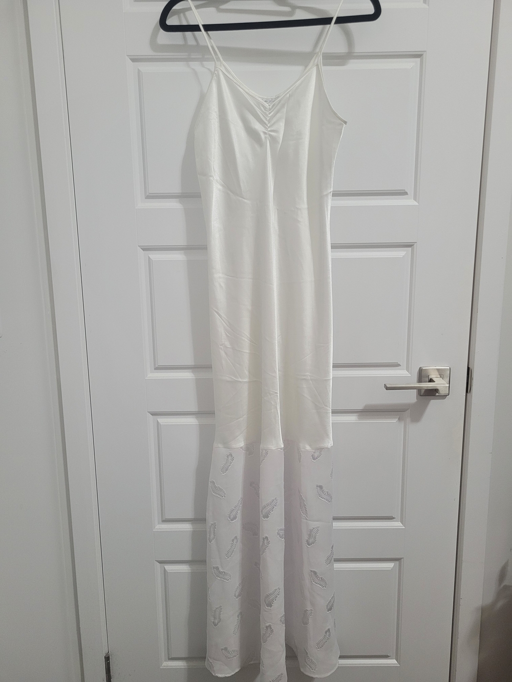 White Satin Slip Dress with Sheer Embroidered Hem